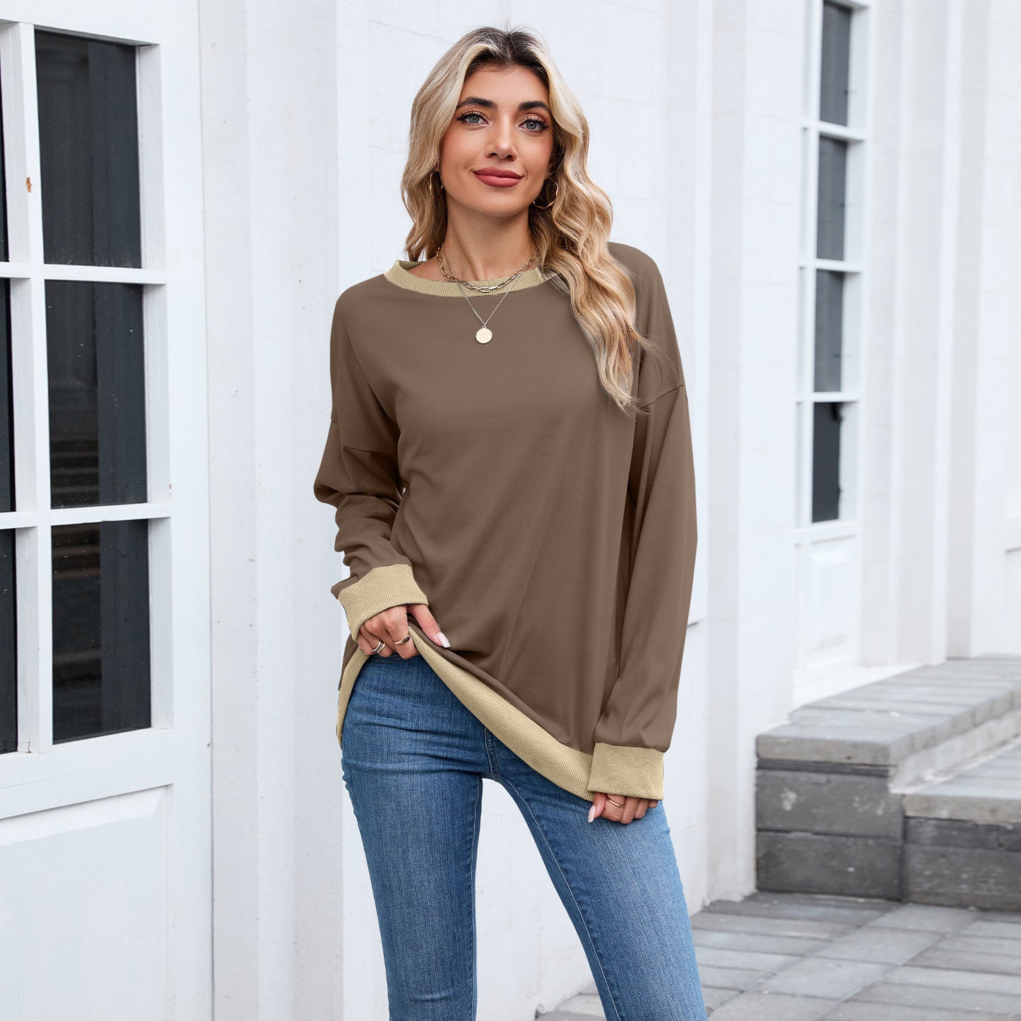 Women's Round Neck Loose Top Long Sleeve Colorblock Ribbed Sweatshirt