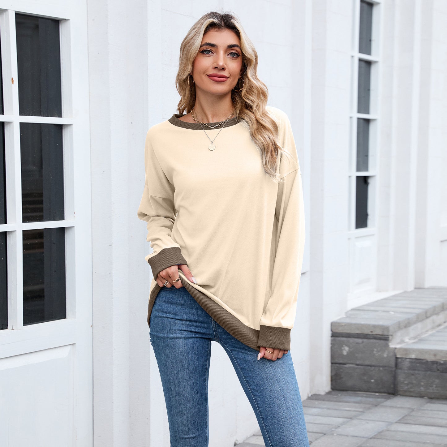 Women's Round Neck Loose Top Long Sleeve Colorblock Ribbed Sweatshirt