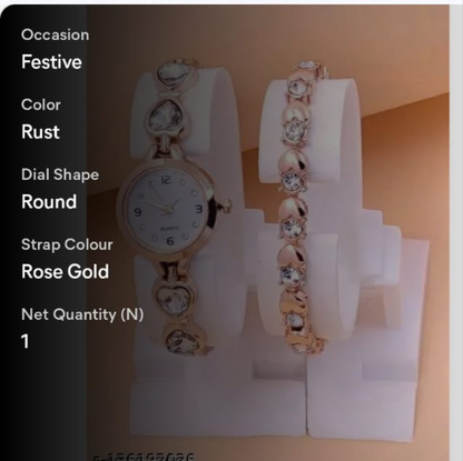 New women rosegold metal analog watch with breaclet combo