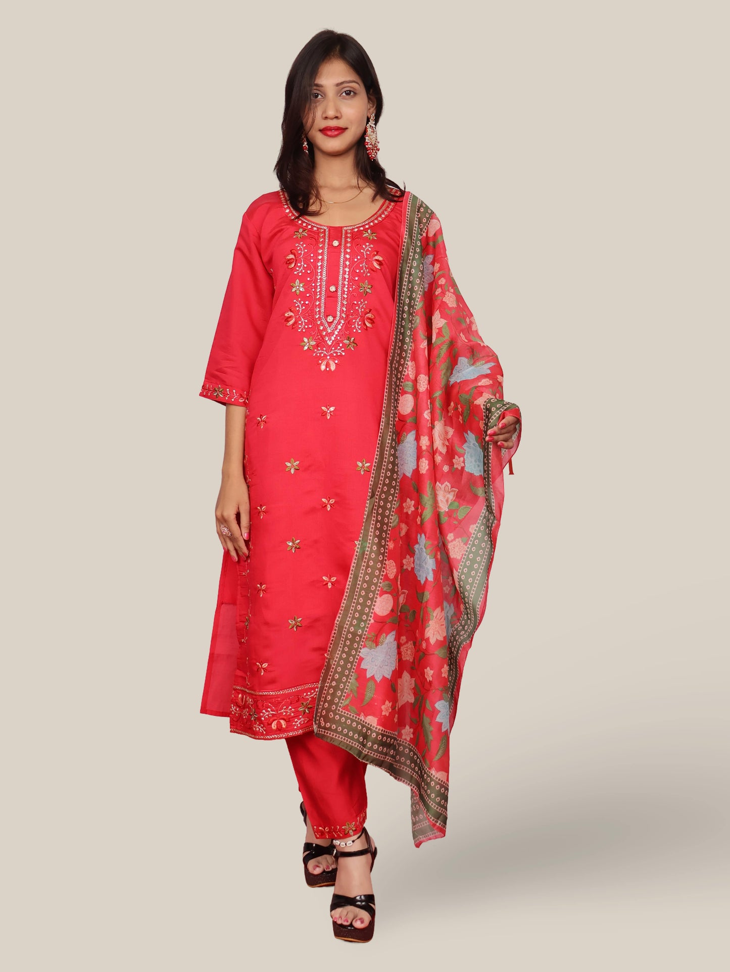 Rayon-Cotton Embroidered Straight Kurti with Pant and Dupatta-5