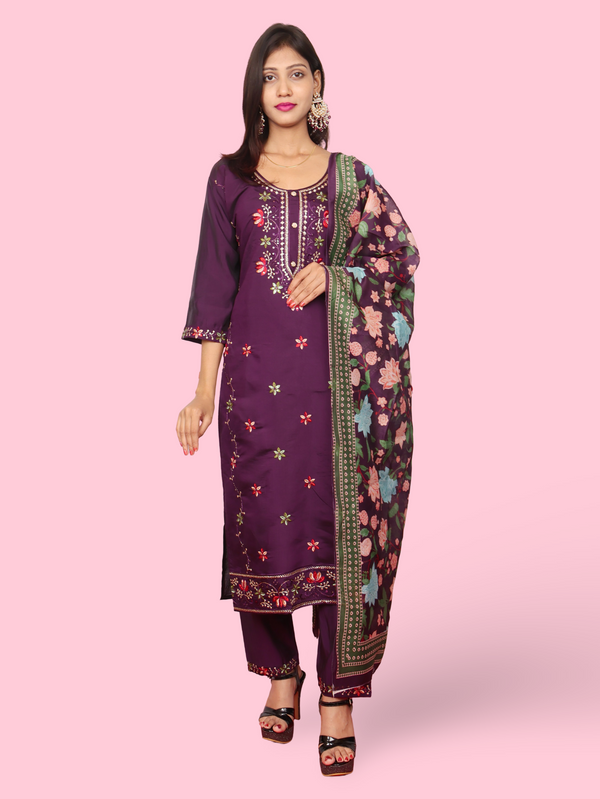 Rayon-Cotton Embroidered Straight Kurti with Pant and Dupatta-0