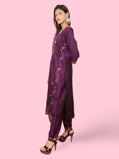 Rayon-Cotton Embroidered Straight Kurti with Pant and Dupatta-1