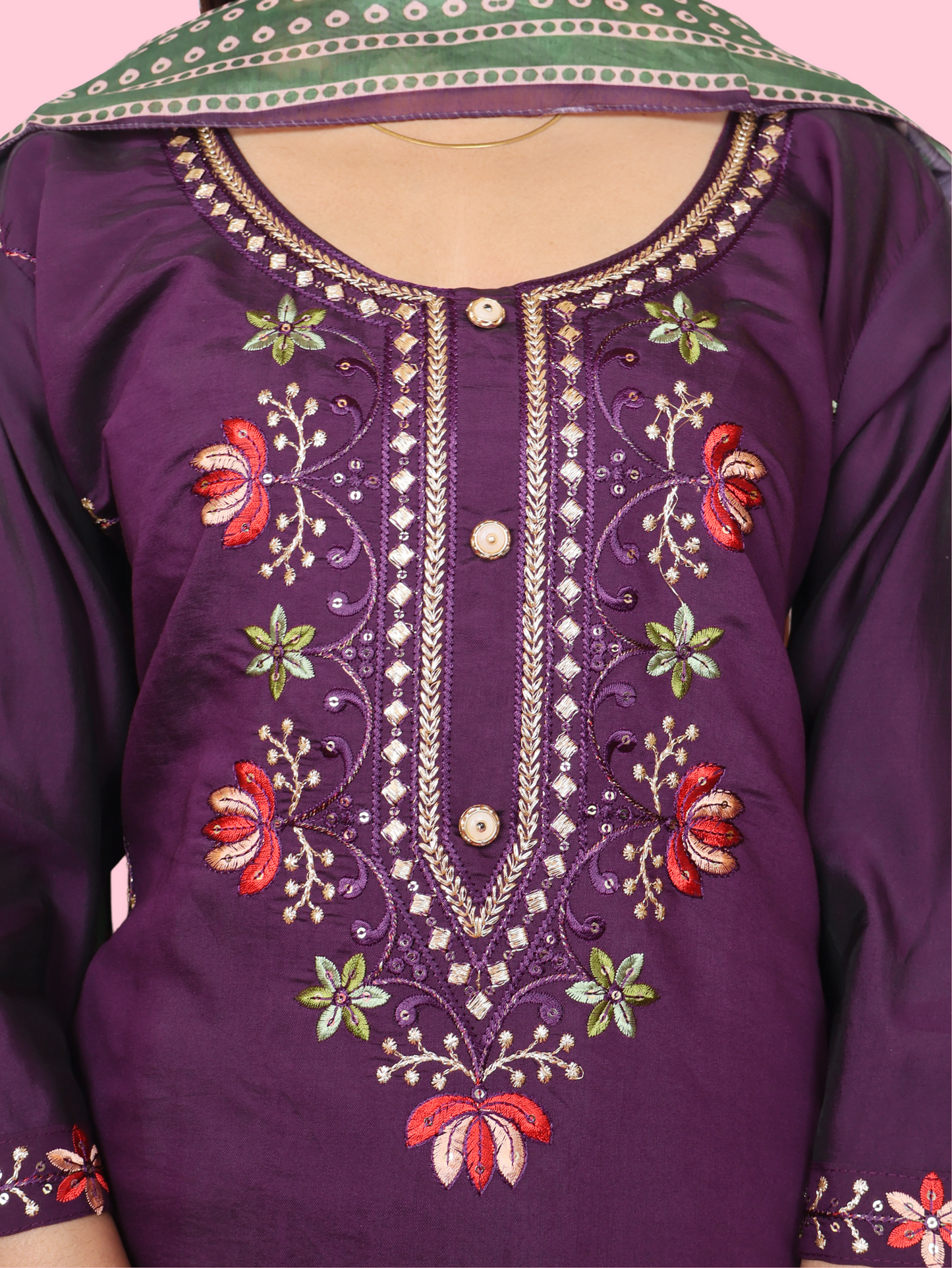 Rayon-Cotton Embroidered Straight Kurti with Pant and Dupatta-3