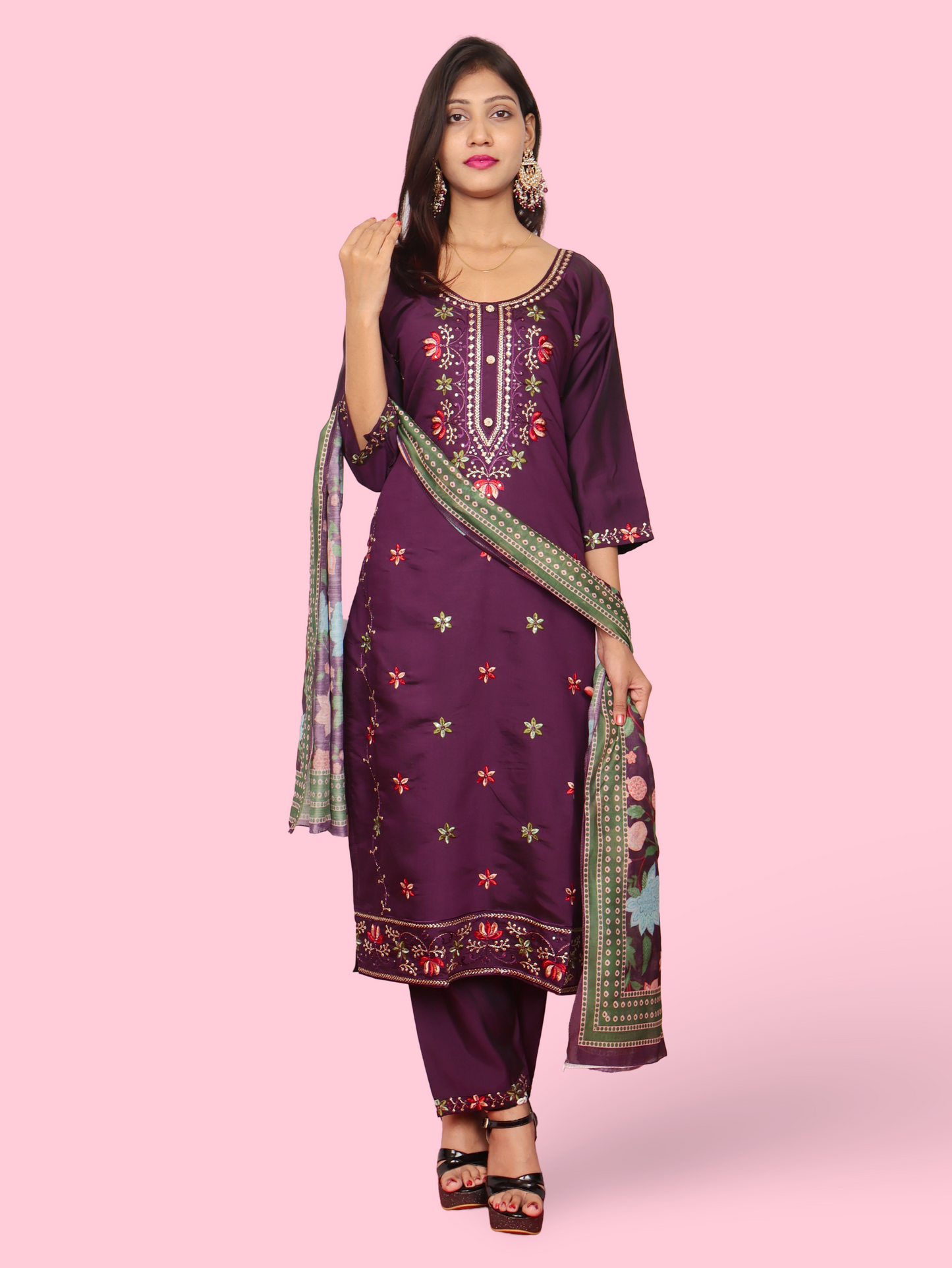 Rayon-Cotton Embroidered Straight Kurti with Pant and Dupatta-4