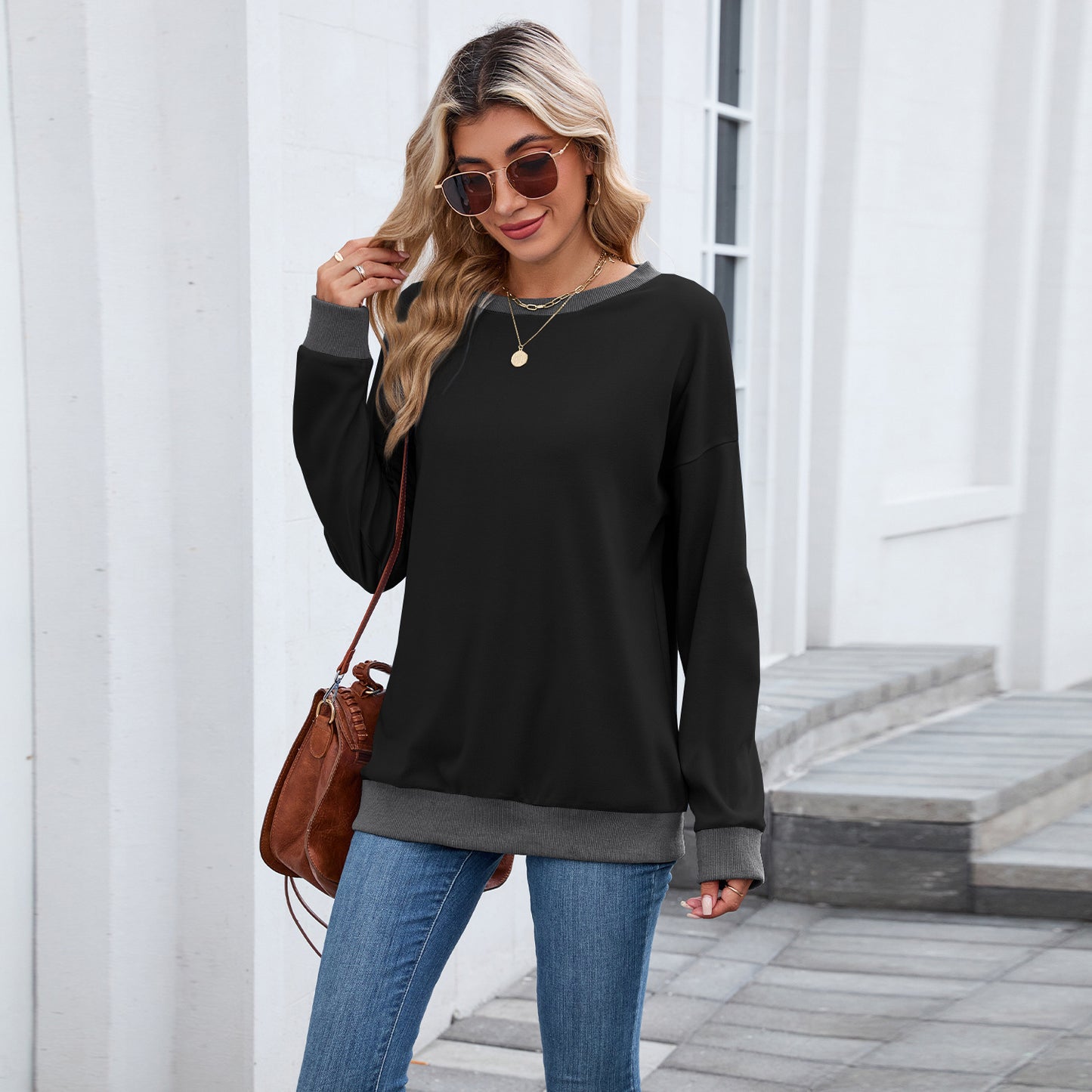 Women's Round Neck Loose Top Long Sleeve Colorblock Ribbed Sweatshirt