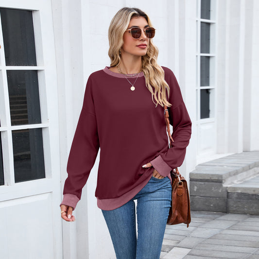 Women's Round Neck Loose Top Long Sleeve Colorblock Ribbed Sweatshirt
