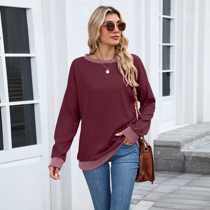 Women's Round Neck Loose Top Long Sleeve Colorblock Ribbed Sweatshirt